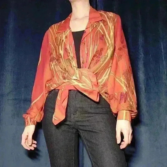 Vintage 90s  orange autumn leaves flowy button-up shirt - Picture 5 of 16